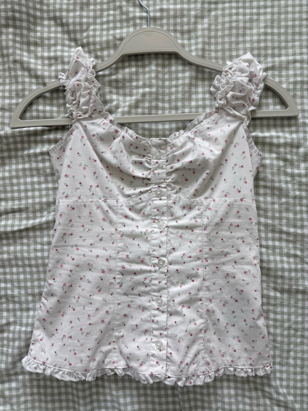 Hollister White Floral Ruffled Strap Button-Front Tank